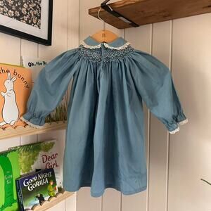 Vintage Polly Flinders Blue Smocked Toddler Dress Lace Trim Girls 4T